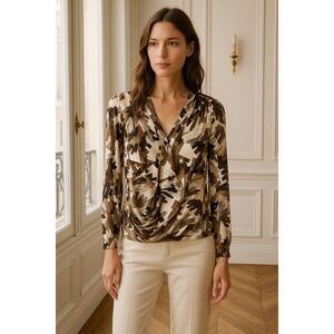 Lapis Womens Top Size L Brown Beige‎ Abstract Draped Boho Artsy Retro Office